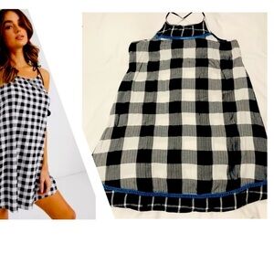 Black and white Checkered Slip Dress Blue Embroidery